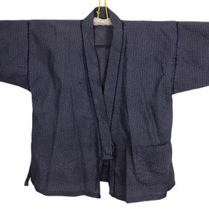 May include: A blue and white checkered Japanese-style robe with long sleeves and a tie closure.