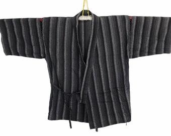 Vintage Kimono Japanese Traditional Noragi Haori Hanten Jinbei Cardigan Happi Jacke Cotton Striped Art H160 Black
