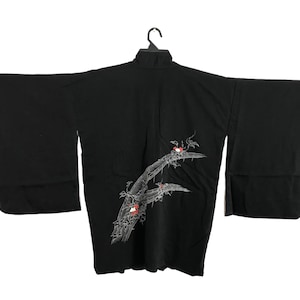 Vintage Kimono Japanese Traditional Noragi Haori Hanten Jinbei Cardigan Happi Jacket Tree Motif Art Size XL K2111 Black