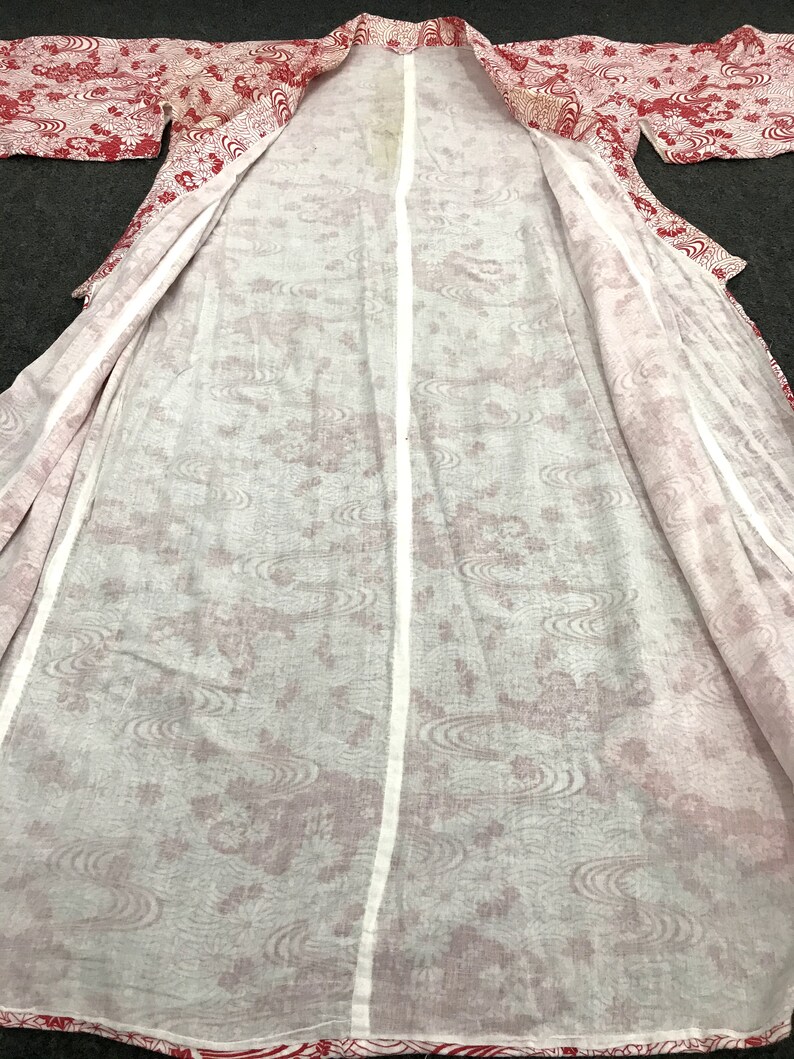 Vintage Kimono Japanese Traditional Noragi Haori Hanten Jinbei Cardigan Happi Jacket All Type Floral Art H795 WhiteRed