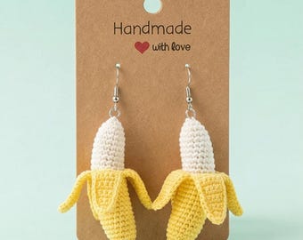 Crochet Banana Earrings: Handmade Cotton Fruit Jewelry, Banana Keyring