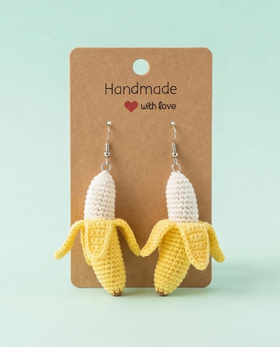 Crochet Banana Earrings: Handmade Cotton Fruit Jewelry, Banana Keyring