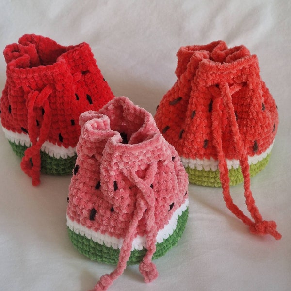 crochet watermelon mini drawstring bag, purse, pouch, storage, gift