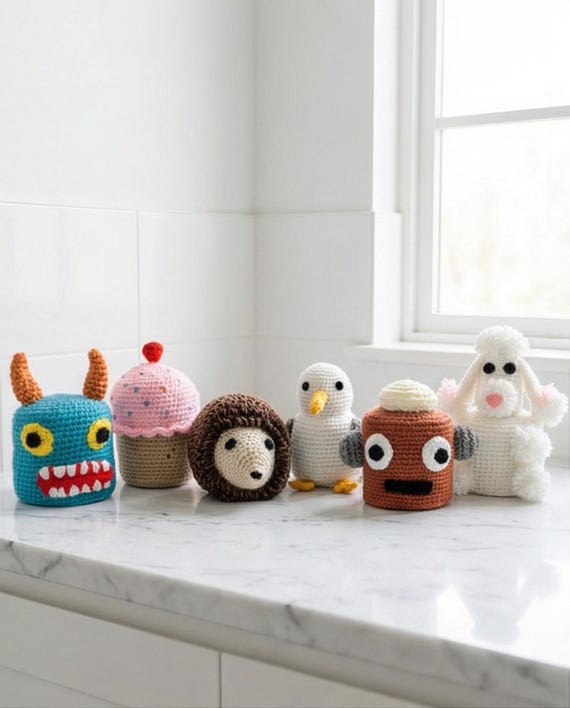 Crochet Toilet Roll Cover: Poodle, Cake, Hedgehog, Robot Cosy,