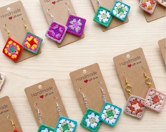 Handmade crochet granny square earrings, 4 variations