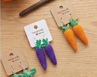Handmade Crochet Vegetable Earrings – Beetroot, orange carrot & purple carrots
