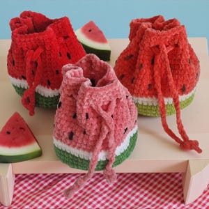 Watermelon mini drawstring bag, purse, handmade crochet pouch, storage, gift