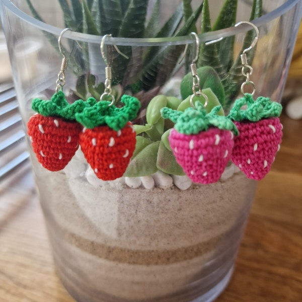 Handmade crochet strawberry earrings, strawberries red and pink, summer earrings