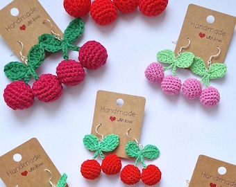 Handmade Crochet Cherry Earrings Cotton Fruit Jewelry