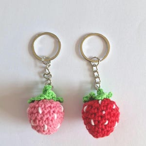 pink and red strawberry handmade crochet keyring