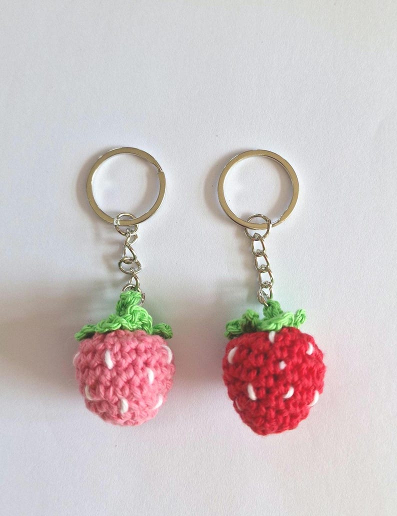 pink and red strawberry handmade crochet keyring