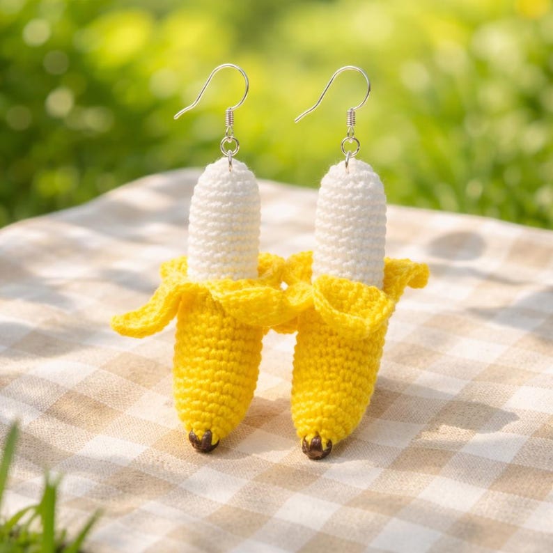 Crochet Banana Earrings: Handmade Cotton Fruit Jewelry, Banana Keyring image 19