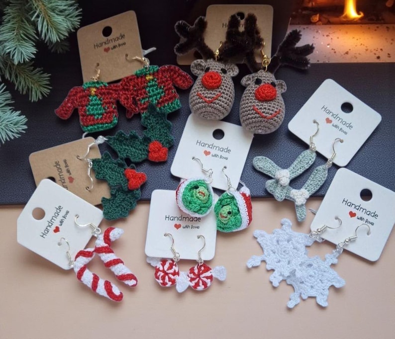 Handgemachte gehäkelte Weihnachtsohrringe: Sterlingsilber-Haken Bild 1