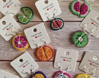 Crochet Fruit Slice Earrings: Handmade Cotton Apple, Lemon, Lime, watermelon, kiwi