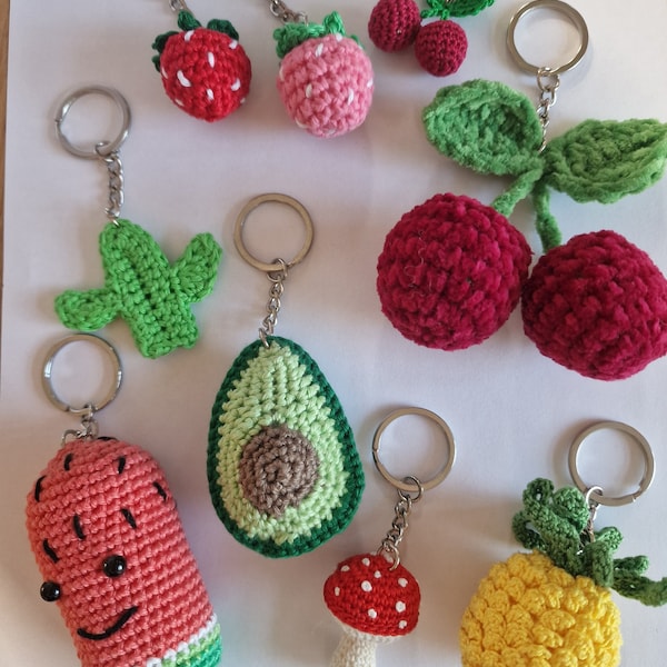 Handmade crochet keyrings ,handmade fruit ,bag charms, mushroom, cactus,  avocado, strawberry,  cherry, pineapple, watermelon kawaii