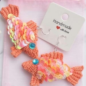 Sequin Crochet Fish Earrings, Quirky Statement Dangle Earrings, Handmade Beaded Ocean Fish Jewelry, Kawaii Summer Beach Accessories,