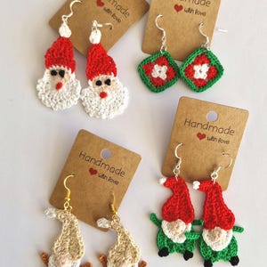 Gnome earrings, Christmas earrings,  Santa face, granny squares,