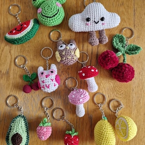 Handmade crochet keyrings,red and pink mushroom, pink and brown owl, whole lemonand half a lemon slice, pink and red strawberry, avocado, frog face, white cloud with legs, large cherry and slice of watermelon