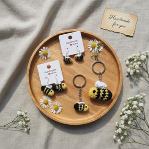Crochet Bee Earrings and Keychain Set | Handmade Cotton Bee Accessories