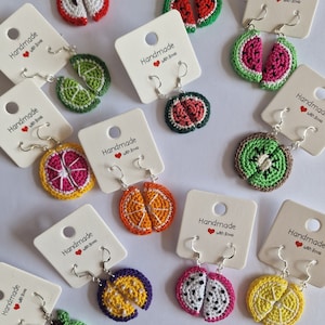 Fruit slice crochet earrings, lemon,lime,orange,dragon fruit,kiwi, pink grapefruit,apples, passion fruit,watermelon, hair clips
