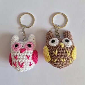 pink and white owl, yellow and brown owl, keyrings handmade crochet