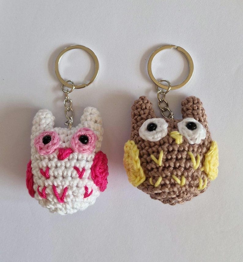 pink and white owl, yellow and brown owl, keyrings handmade crochet