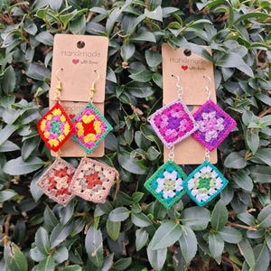 Handmade crochet granny square earrings, 4 variations