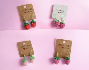 Handmade Crochet Strawberry Earrings, Mini & Micro Mini Fruit Earrings, Kawaii Cottagecore Jewellery, Cute Pink Red Strawberry Gift