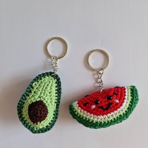 avocado half and watermelon slice handmade crochet keyrings