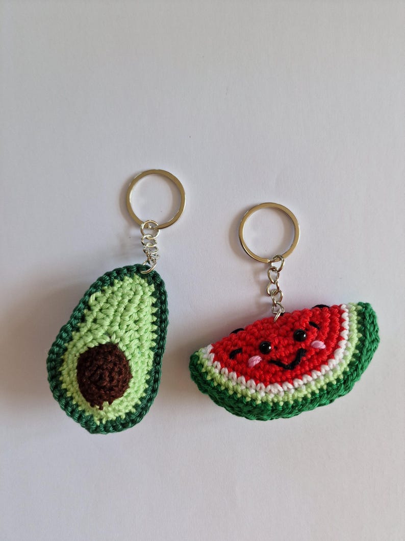 avocado half and watermelon slice handmade crochet keyrings