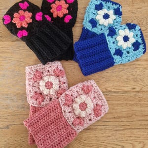 Fingerless chunky crochet gloves, handmade black, pink, blue , wrist warmers, knitted gloves/mittens