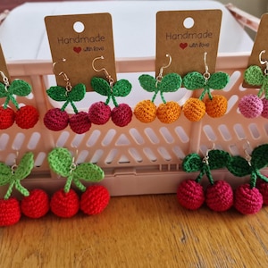 Handmade crochet cherry earrings, cherries, crochet jewellery, keychain
