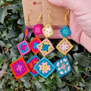 Granny square drop earrings, turquoise, pink, green, sterling silver jewellery,  handmade crochet