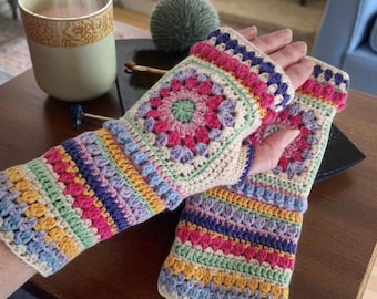 Handmade Crochet Granny Square Fingerless Gloves: Merino Wool Wrist Warmers