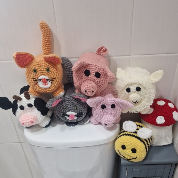 Toilet Roll Cover - Bee , pig -piggy, mushroom, cow, sheep/lamb & kitty cat ginger handmade crochet toilet roll cosy/cover