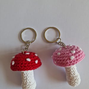 pink and red mushroom keyrings handmade crochet cotton