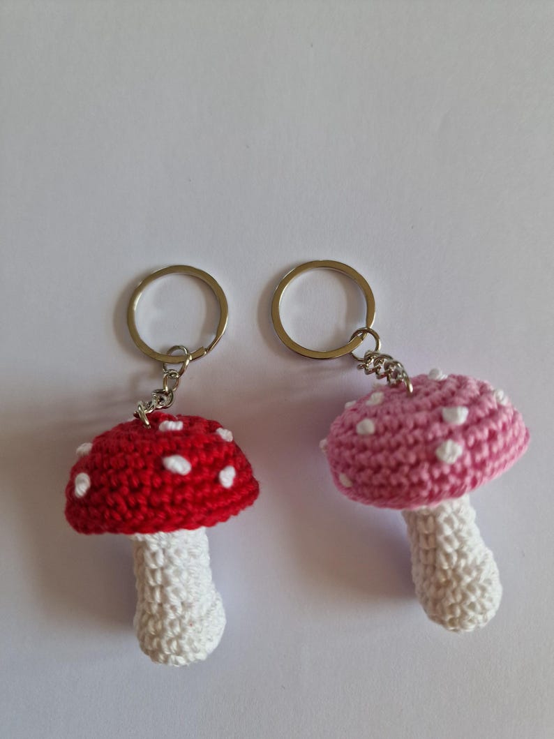 pink and red mushroom keyrings handmade crochet cotton