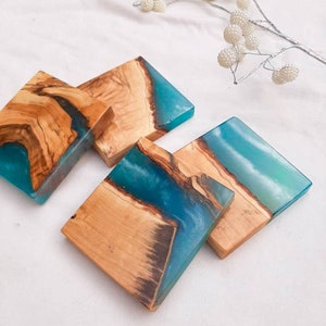 Set of River Effect Epoxy Resin and Wood Coasters | Square Resin and Wood Unique Coasters | Coaster Set