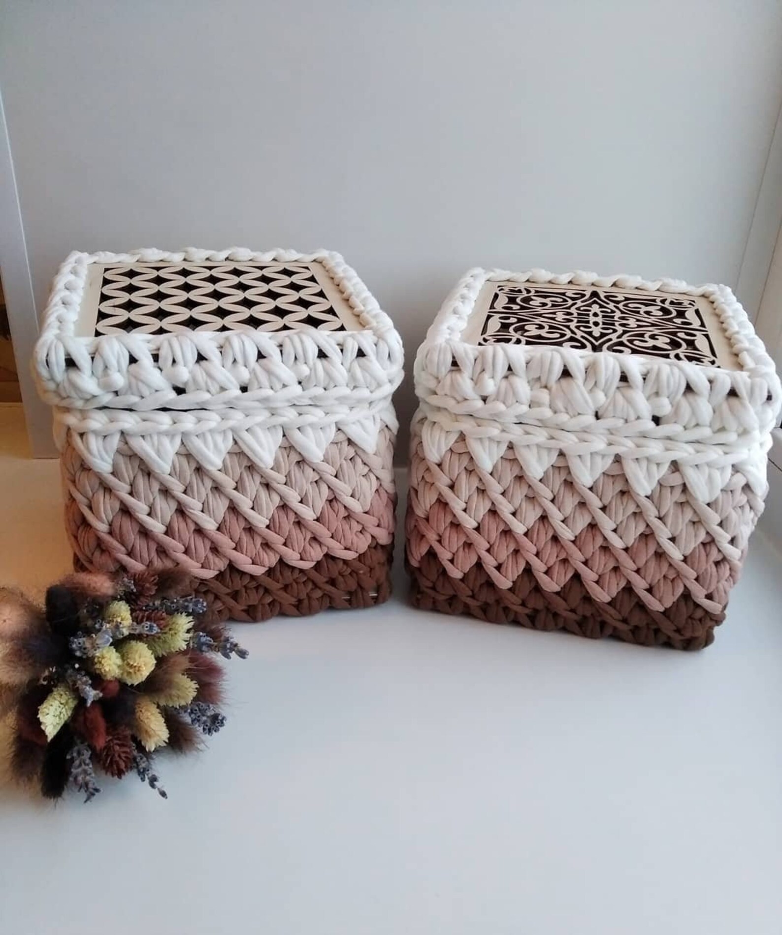 Crochet basket with lid Small storage woven organiser Wicker Etsy