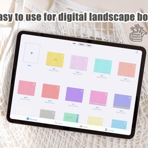 May include: A digital tablet showing a digital landscape book interface with pastel-coloured notes. The screen displays notes with text and star icons. The text "Easy to use for digital landscape book" is at the top. A stylus and a white net bag are in the background.
