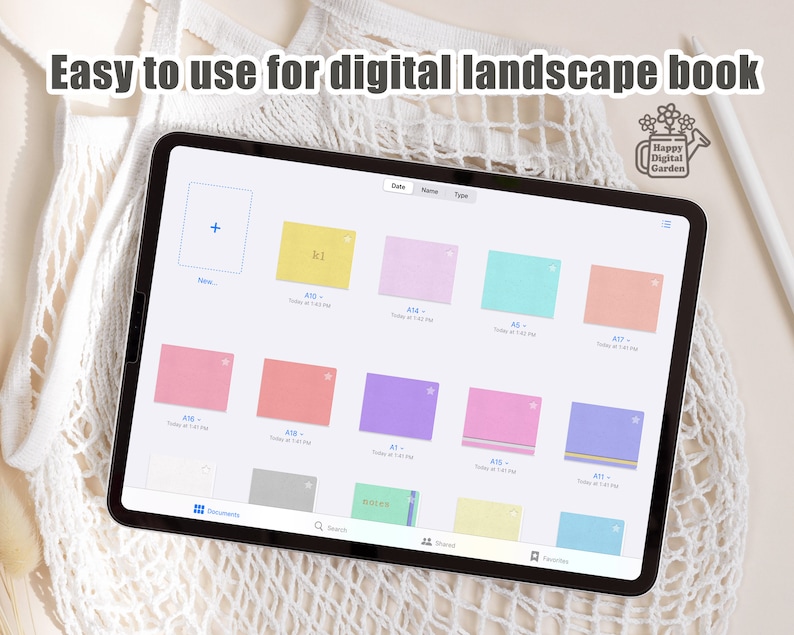 May include: A digital tablet showing a digital landscape book interface with pastel-coloured notes. The screen displays notes with text and star icons. The text "Easy to use for digital landscape book" is at the top. A stylus and a white net bag are in the background.