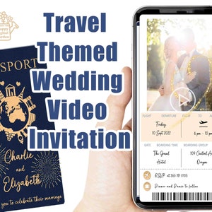 Invito video di nozze di viaggio personalizzato / Invito di nozze animato / Video di invito di nozze in aereo / Invito con foto di matrimonio con passaporto immagine 1