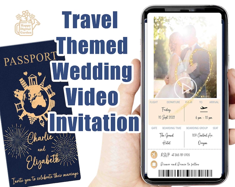 Invito video di nozze di viaggio personalizzato / Invito di nozze animato / Video di invito di nozze in aereo / Invito con foto di matrimonio con passaporto immagine 1