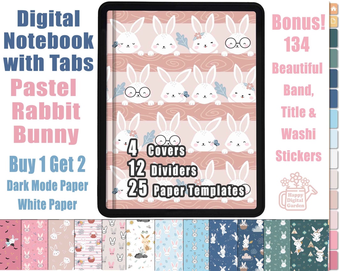 Rabbit Bunny Digital Notebook With Tabs, 12 Tab Hyperlinked, Aesthetic ...