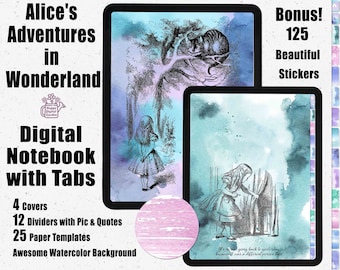 Notebook digitale con collegamenti ipertestuali Le avventure di Alice nel Paese delle Meraviglie 12 / Notebook digitale con schede / Notebook Goodnotes Cornell /Studente