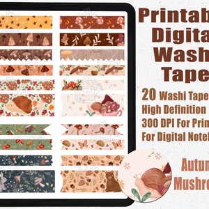 Könnte beinhalten: Ein digitales Tablet zeigt 20 Washi-Tape-Designs mit Herbst-Pilz-Themen. Die Tapes zeigen verschiedene Muster von Pilzen, Blättern und Waldtieren in Braun-, Grün- und Orangetönen. Der Text auf dem Bildschirm lautet "Printable Digital Washi Tape."