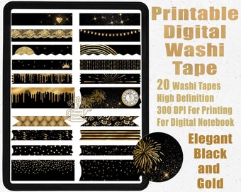 Adesivi nastro Washi digitale nero e oro / Nastro Washi stampabile / Nastro Washi Goodnotes / Washi digitale / Nastro Washi forestale