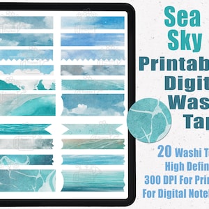 Sea, Sky Ocean Digital Washi Tape Stickers | Printable Washi Tape | Goodnotes Washi Tape | Digital washi | Blue Watercolor