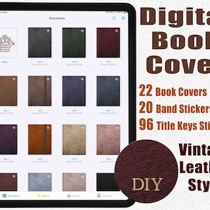 Può includere: Un design di copertina di libro digitale visualizzato sullo schermo di un tablet. L'immagine mostra 22 copertine di libri in vari colori, 20 adesivi a fascia e 96 adesivi con chiavi di titolo. Il design è in stile pelle vintage, con la parola "DIY" visibile.