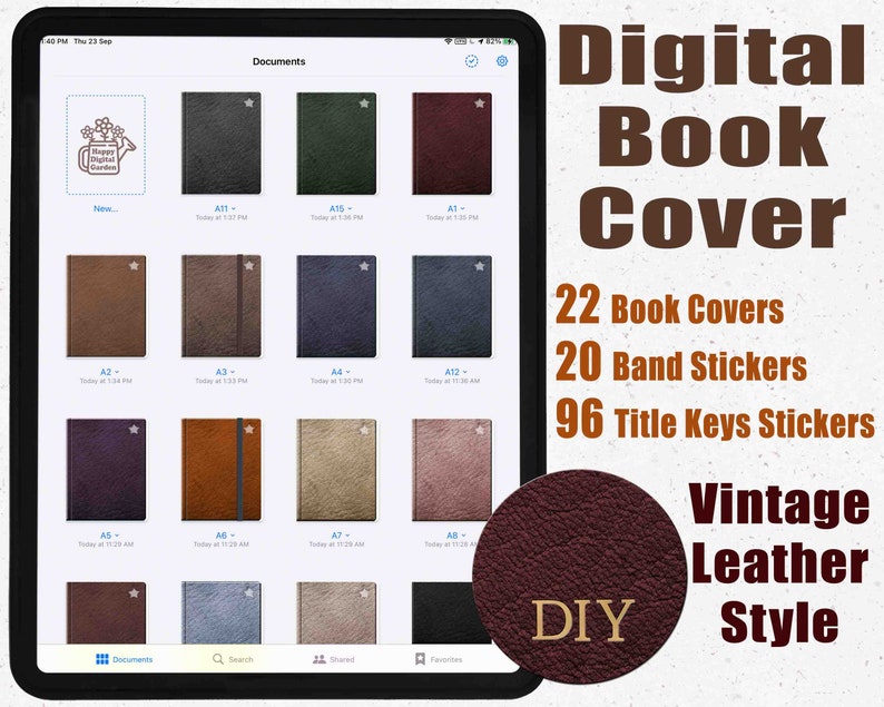 May include: A tablet screen displays a digital book cover design. The image features 22 book covers in different colours, 20 band stickers, and 96 title key stickers. The design is in a vintage leather style, with the word "DIY" visible.